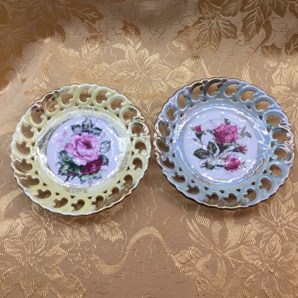 2-Royal Sealy China Japan Rose Print Yellow/Blue Saucer Plate Cut Out Design